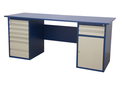 Table with 7 drawers on the left-hand side, 2 drawers and 2 shelves to the right