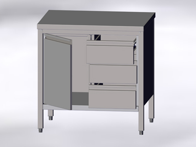 Cupboard-Table with a Hinged Door and 3 Drawers, without Wall-side Panel