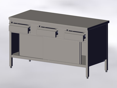 Cupboard-Table with Sliding Doors and 3 Upper Drawers, without Wall-side Panel