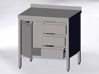 Cupboard-Table with Wall-side Panel, a Hinged Door and 3 Drawers