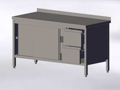 Cupboard-Table with Wall-side Panel, Sliding Doors and 2 Right Drawers