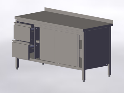 Cupboard-Table with Wall-side Panel, Sliding Doors and 2 Left Drawers