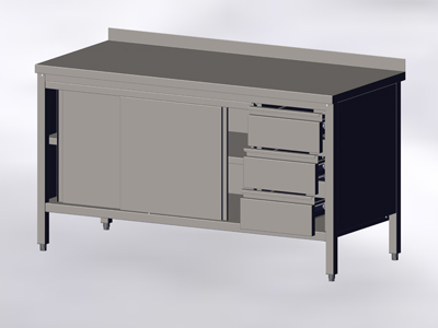 Cupboard-Table with Wall-side Panel, Sliding Doors and 3 Right Drawers