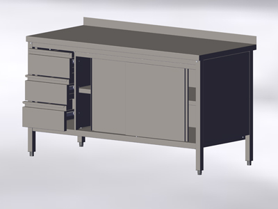 Cupboard-Table with Wall-side Panel, Sliding Doors and 3 Left Drawers