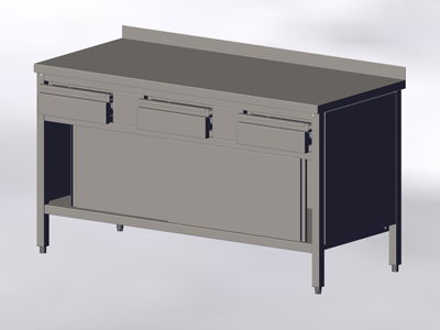 Cupboard-Table with Wall-side Panel, Sliding Doors and 3 Upper Drawers