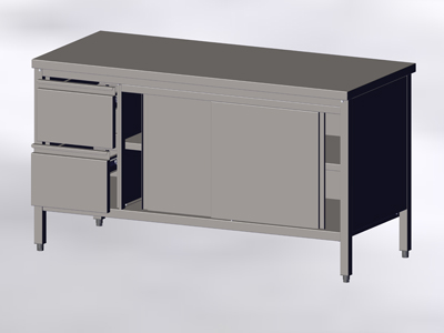 Cupboard-Table with Sliding Doors and 2 Left Drawers, without Wall-side Panel