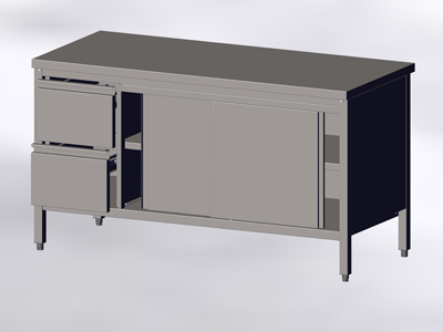 Armoire-table sans bord avec portes coulisssantes et 2 tiroirs à gauche