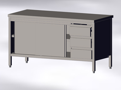Cupboard-Table with Sliding Doors and 3 Right Drawers, without Wall-side Panel