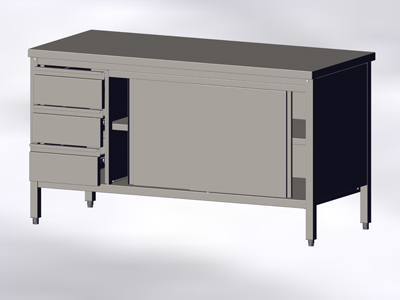 Armoire-table sans bord avec portes coulisssantes et 3 tiroirs à gauche